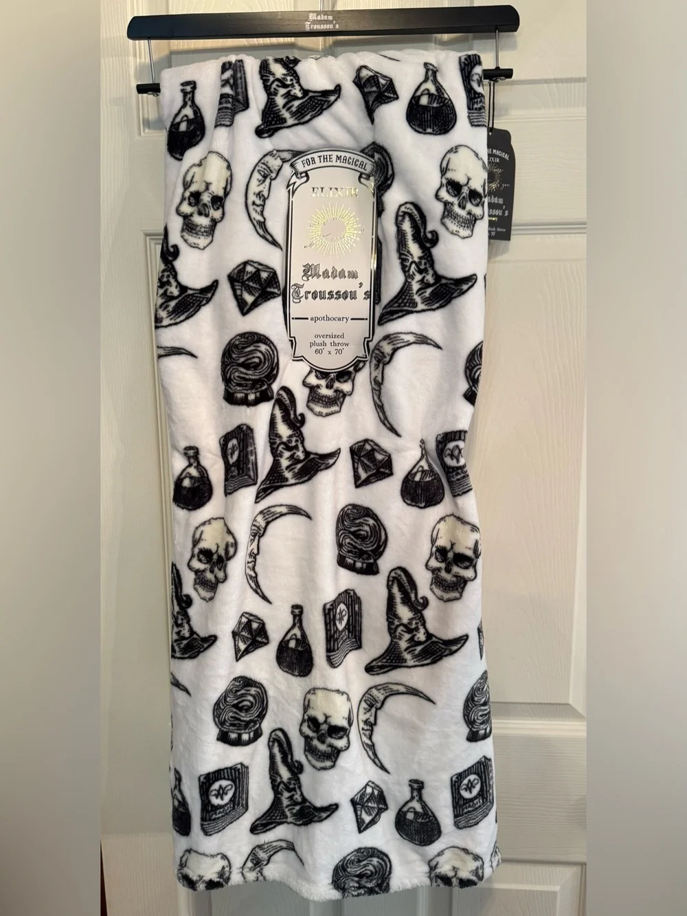Madam Troussou’s Apothecary Black & White Witchcraft Print Plush Throw Blanket